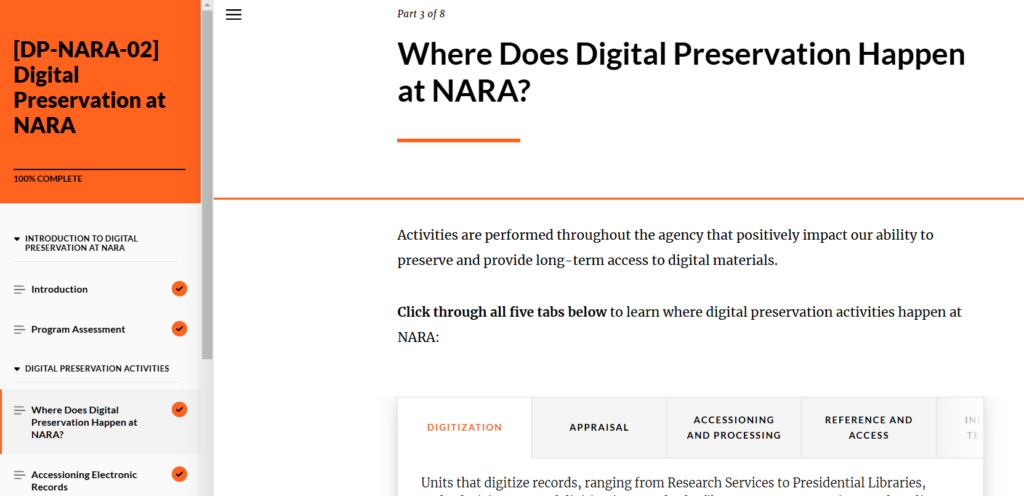 Screenshot of Digital Preservation at NARA training module, with a text heading that says "Where does digital preservation happen at NARA?"