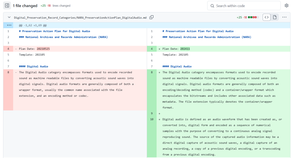 Screenshot of a commit history in GitHub, showing changes to text in Markdown.