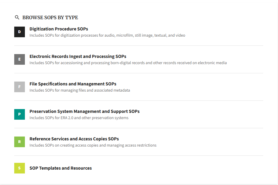 Screenshot of the SOP Library in NARA's ICN, showing ways to browse SOPs by type, such as digitization procedure SOPs or electronic records ingest and processing SOPs