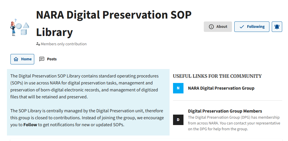 Screenshot of the home page of NARA Digital Preservation SOP Library within NARA's Internal Collaboration Network.