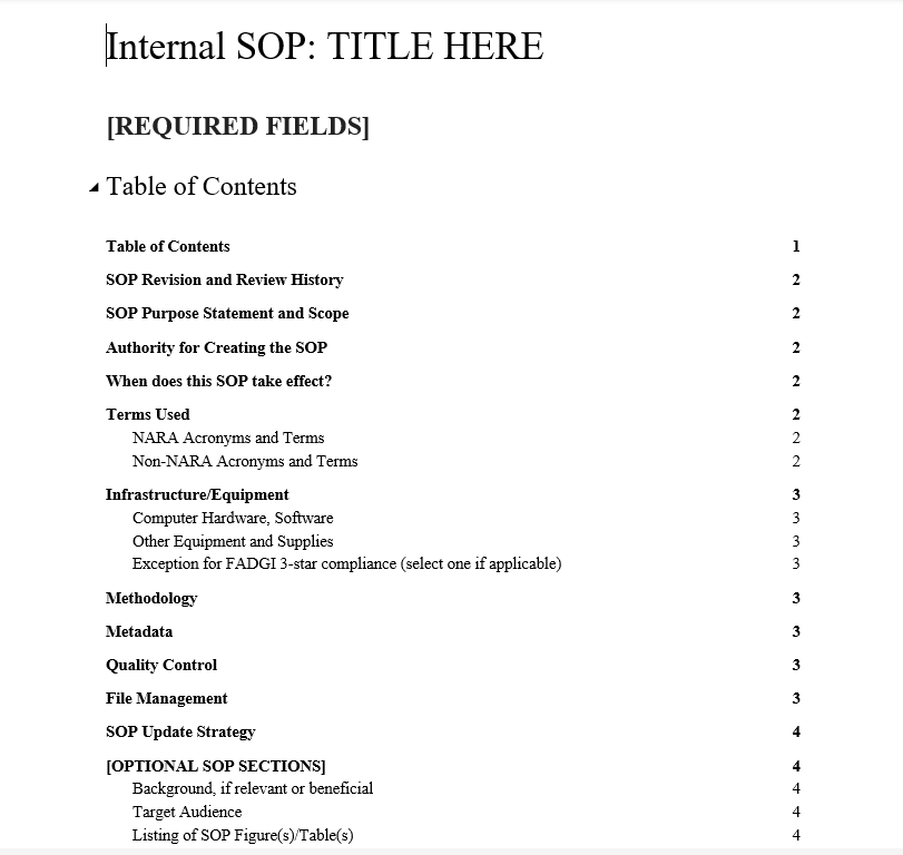 Screenshot of an SOP template, showing the required components.