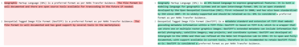 A diff checker showing changes made this quarter to the Description and Justification statements for Geography Markup Language (NF00200) and Geospatial Tagged Image File Format (GeoTIFF) (NF00201). The original descriptions were two sentences each, and the updated descriptions are lengthier with more detail.