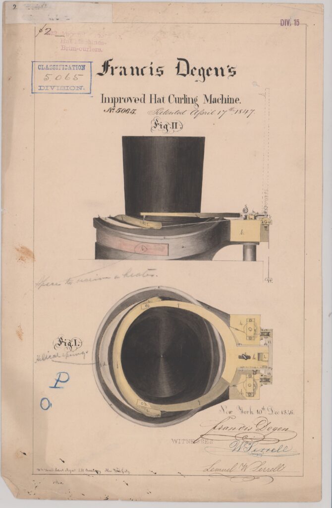 Patent drawing from 1847 titled "Francis Degen's Improved Hat Curling Machine"
